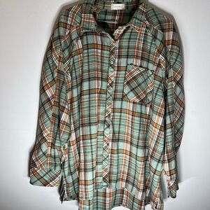 Altar'd State Mint Green Plaid Shirt with Rust Stripes